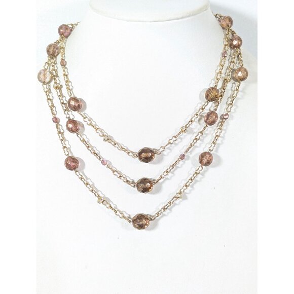 Retro Antiqued Gold Tone Beige Glass Bead Layered Necklace 19" Crystal Accent - Picture 1 of 9
